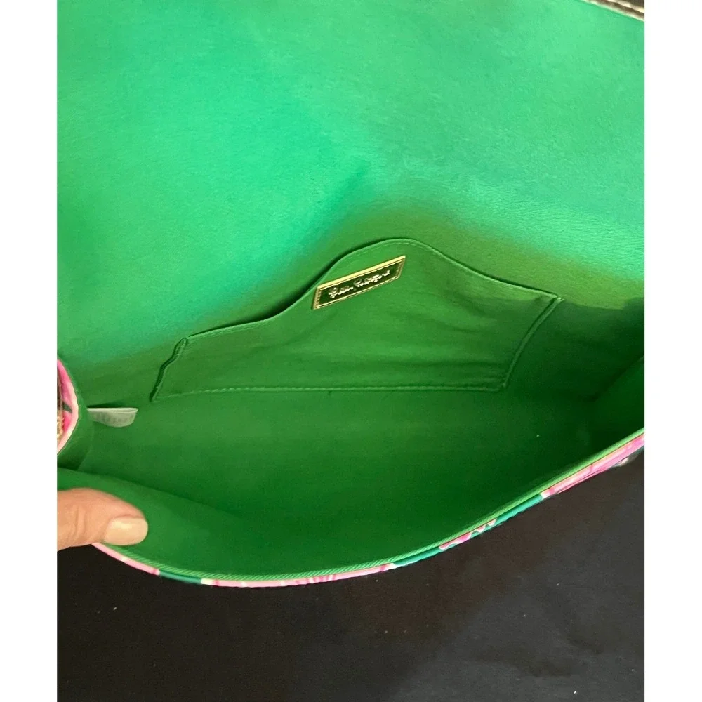 Lilly‎ Pulitzer Clutch Pink Green Floral Print White Lace Trim Gold Accents